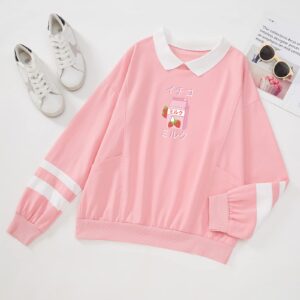 Weetiotio Cute Strawberry Milk Graphic Oversized Sweatshirts for Teen Girls Aesthetic Hoodies Collar Striped Women Pullover (Pink,S,Small)