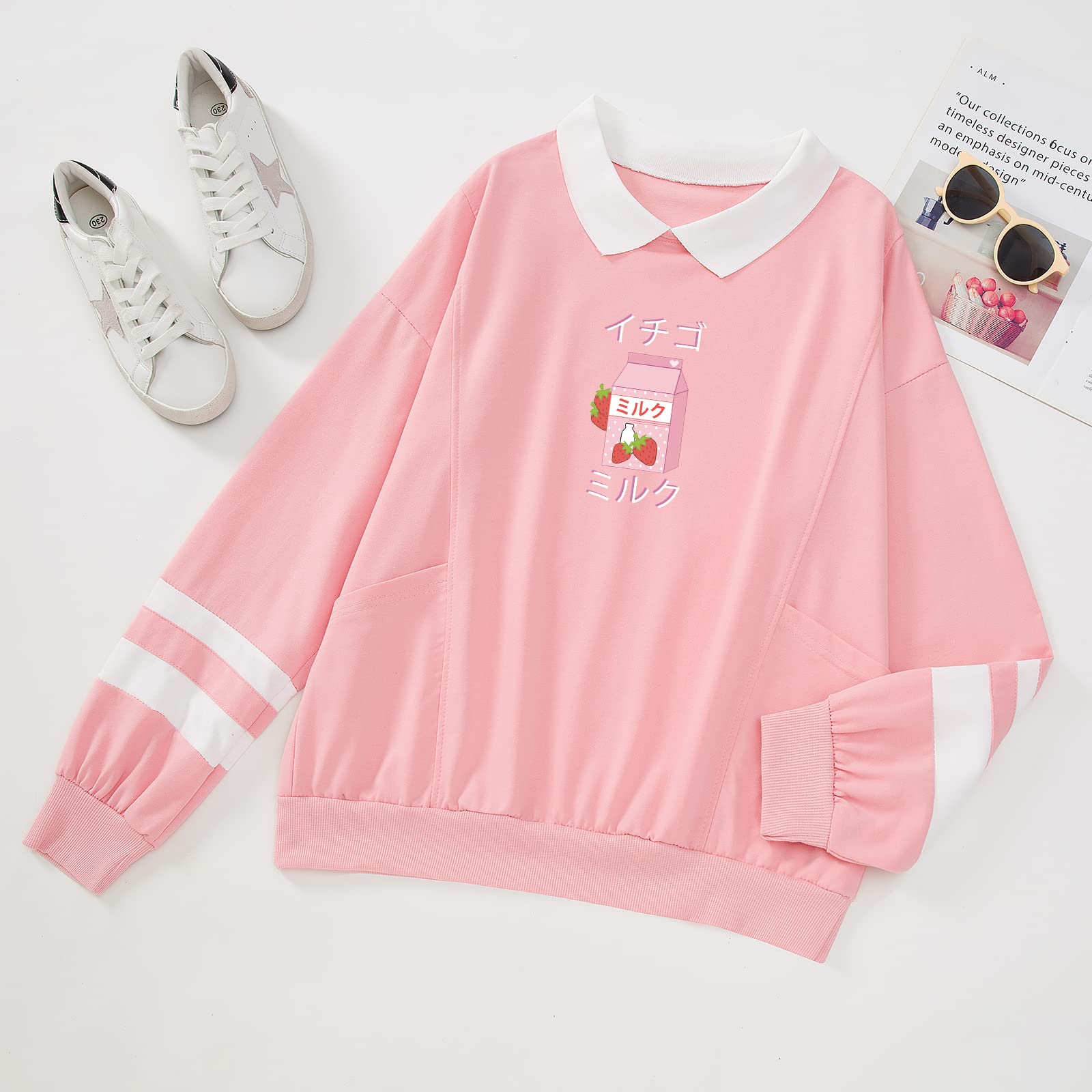 Weetiotio Cute Strawberry Milk Graphic Oversized Sweatshirts for Teen Girls Aesthetic Hoodies Collar Striped Women Pullover (Pink,S,Small)