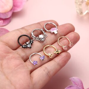 Drperfect 6PCS Septum Jewelry 316L Stainless Steel Septum Rings Horseshoe Daith Earring Hoop 16G Nose Ring Hoop Cute Butterfly Bee Cartilage Tragus Rook Helix Septum Piercing Jewelry for Women