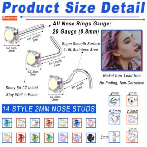 BodyAce 24PCS Surgical Stainless Steel Nose Rings Studs, 20G Nostril Ring Nose Stud for Women Men, Mix Color Diamond CZ Nose Piercing Jewerly (A:Screw)