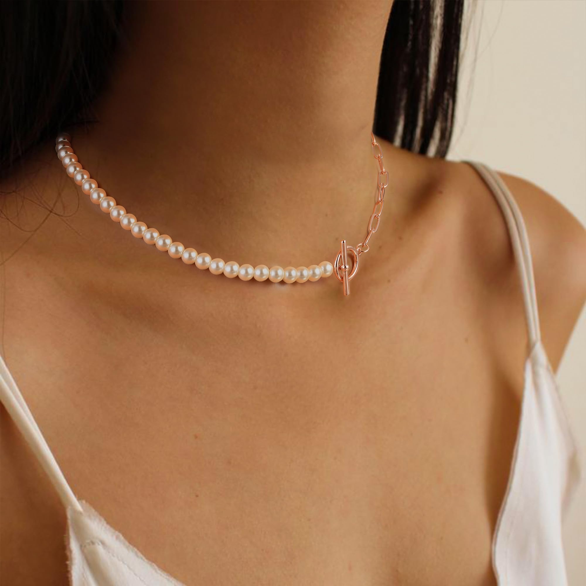 MJartoria Pearl Choker Necklace, 14K Gold Plated Paperclip Chain Necklace for Women, Toggle Clasp, Dainty Half Pearl Half Chain Necklace Trendy Jewelry Birthday Gifts