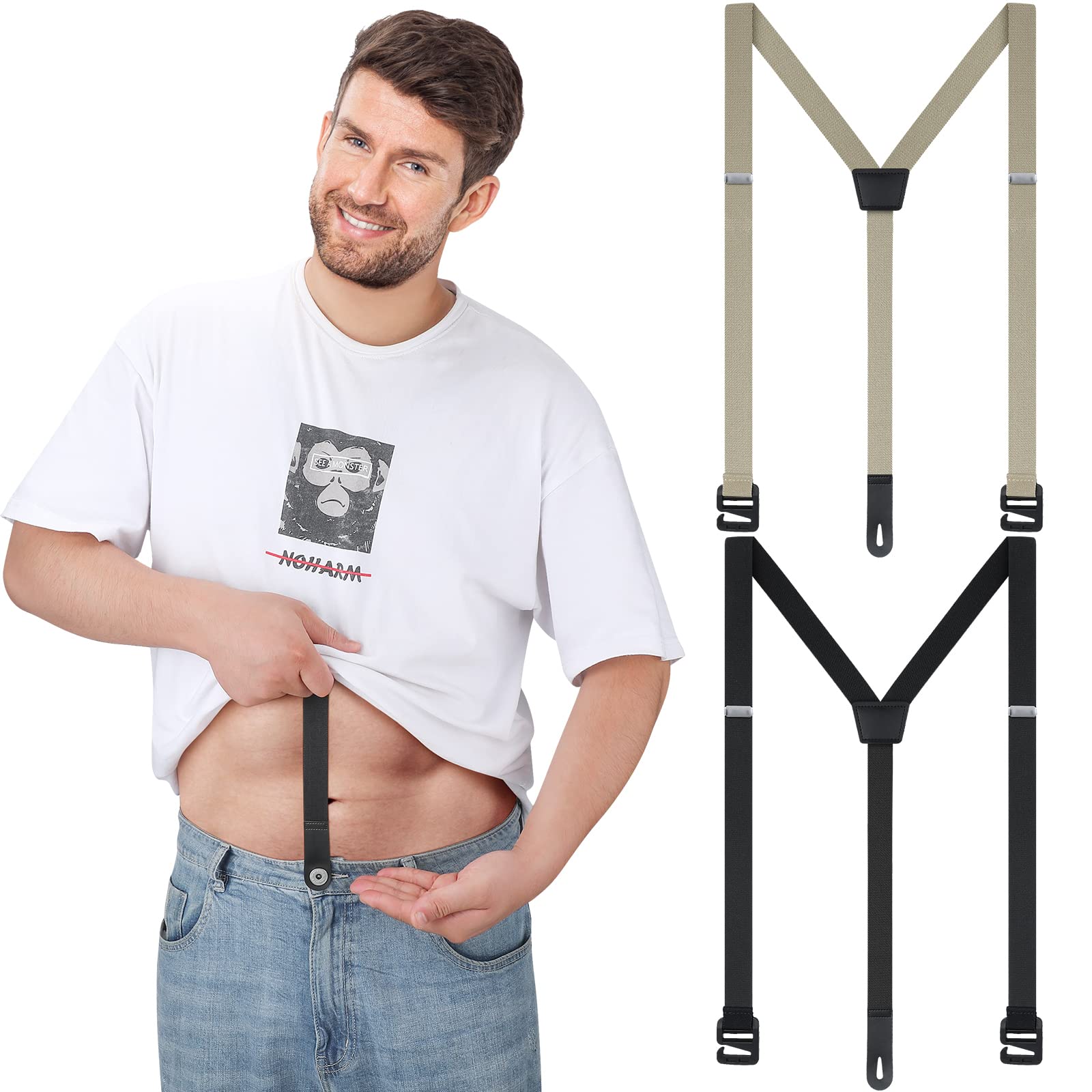 Eurzom 2 Pcs Hidden Suspenders for Men Under the Shirt Suspenders Utility Suspender for Untucked Men (Black, Beige, XL)