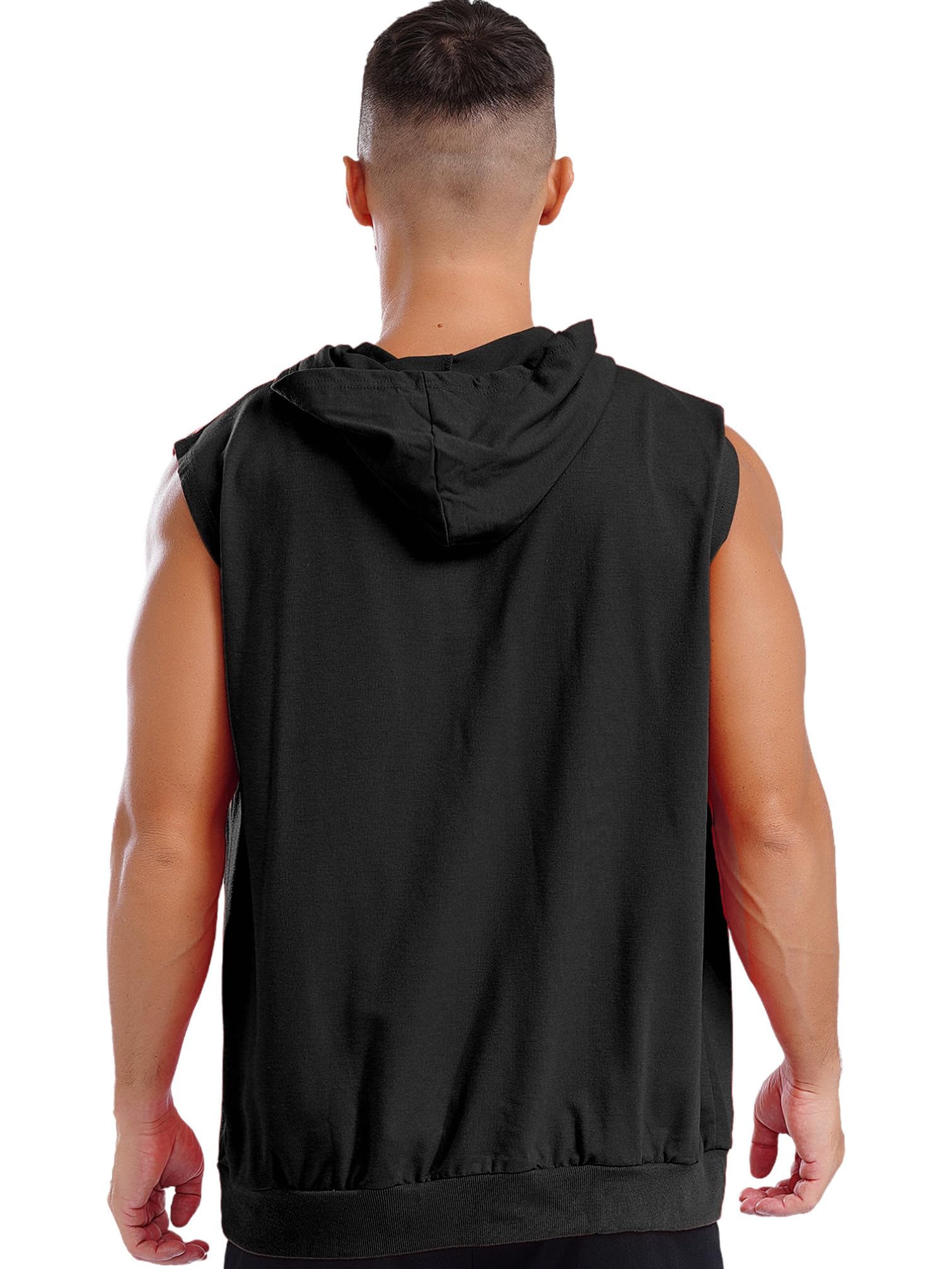 TiaoBug Men's Sleeveless Workout Hoodies Tank Tops Zip-up Hooded Vest Jacket with Kangaroo Pocket Muscle Tees Shirt Black Medium