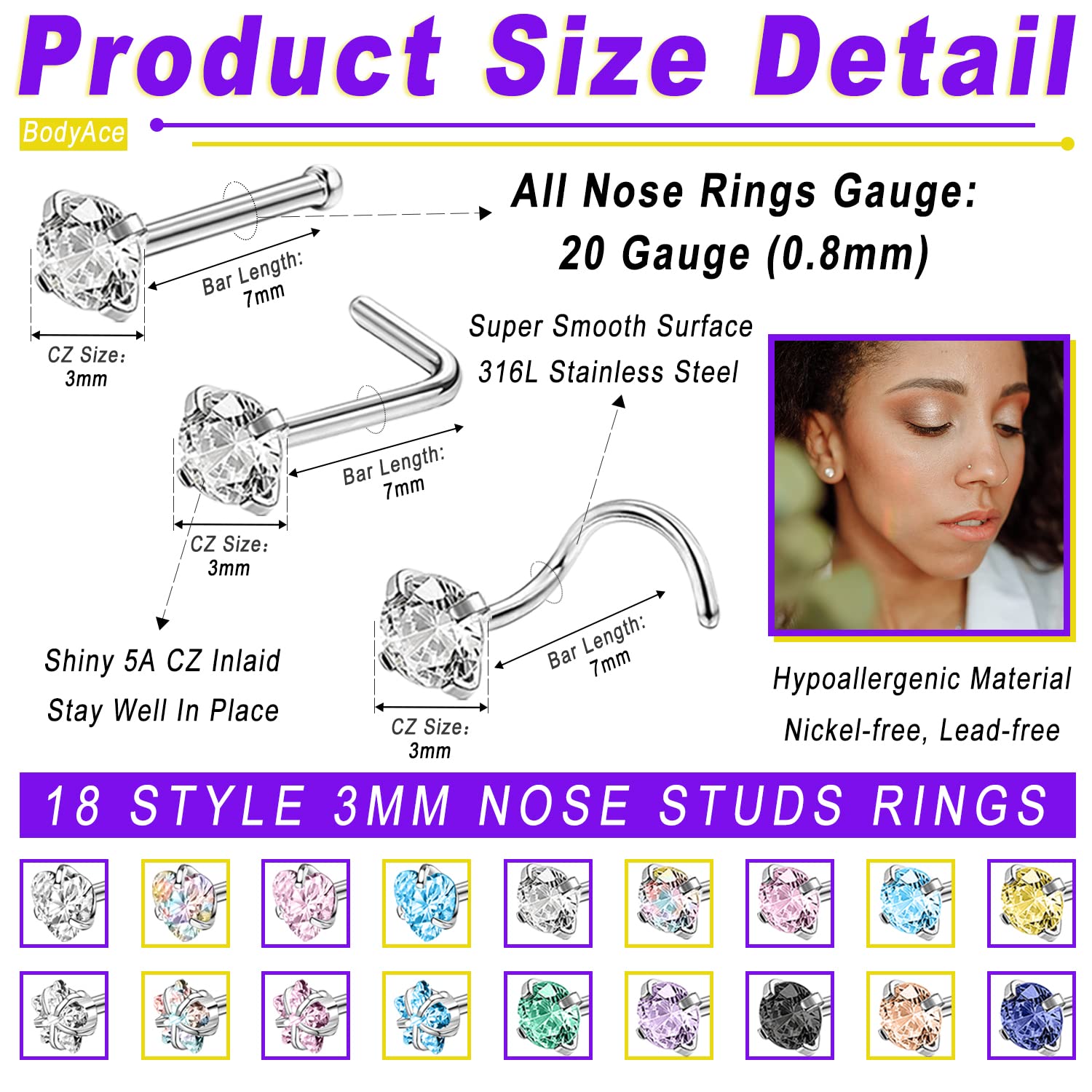 BodyAce 18pcs Stainless Steel Nose Studs Rings, 20 Gauge L Shaped stud Nose Rings for Women, Mix Colors 3mm Diamond CZ Nostril Nose Piercing Jewelry (A:Screw)