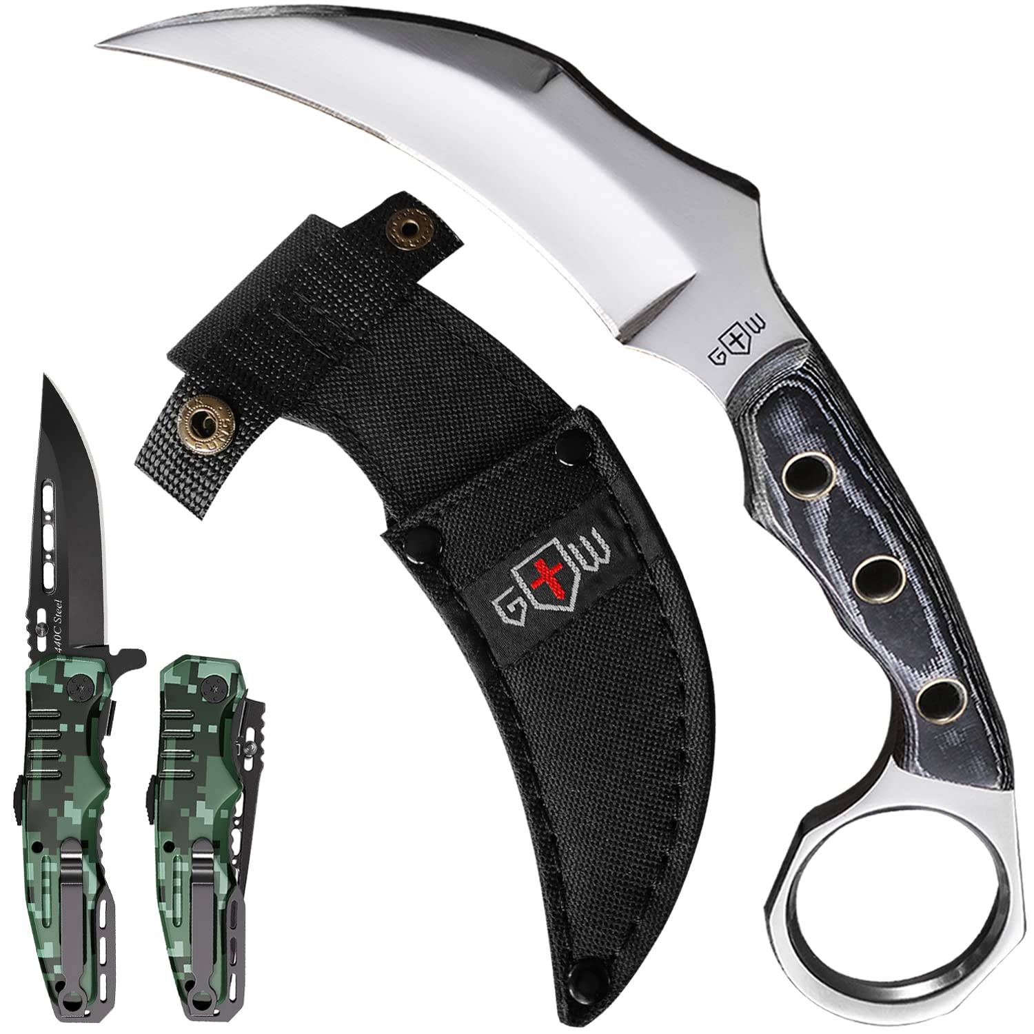 Bundle of 2 Items - Pocket Folding Knife - Military Style - Pocket Knife - Tactical Knife - Camping Knives - CSGO Karambits for Men and Women - Best for Hiking Survival Hunting Fishing