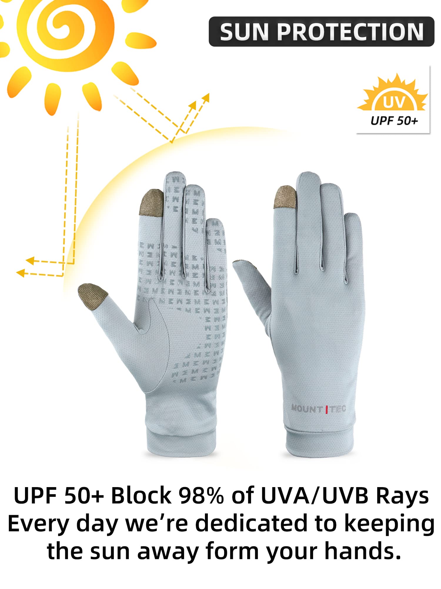 MOUNT TEC Unisex UV Protective Gloves UPF 50+ Cool Breathable Finger Tip Touch Screen Sunblock Glove for Sailing Golfing Boating Fishing Hiking Adventuring Outdoors (Grey, L)