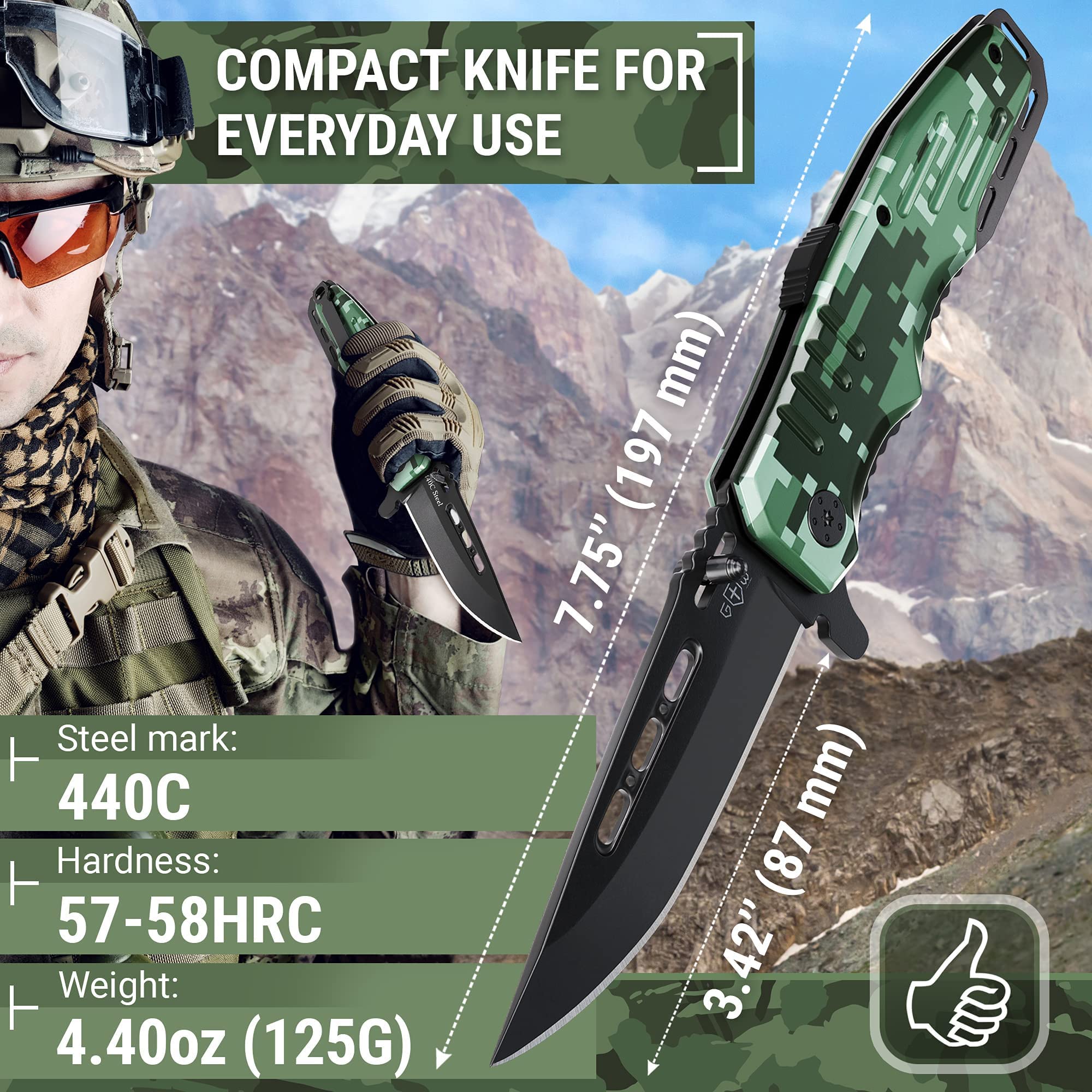 Bundle of 2 Items - Pocket Folding Knife - Military Style - Pocket Knife - Tactical Knife - Camping Knives - CSGO Karambits for Men and Women - Best for Hiking Survival Hunting Fishing