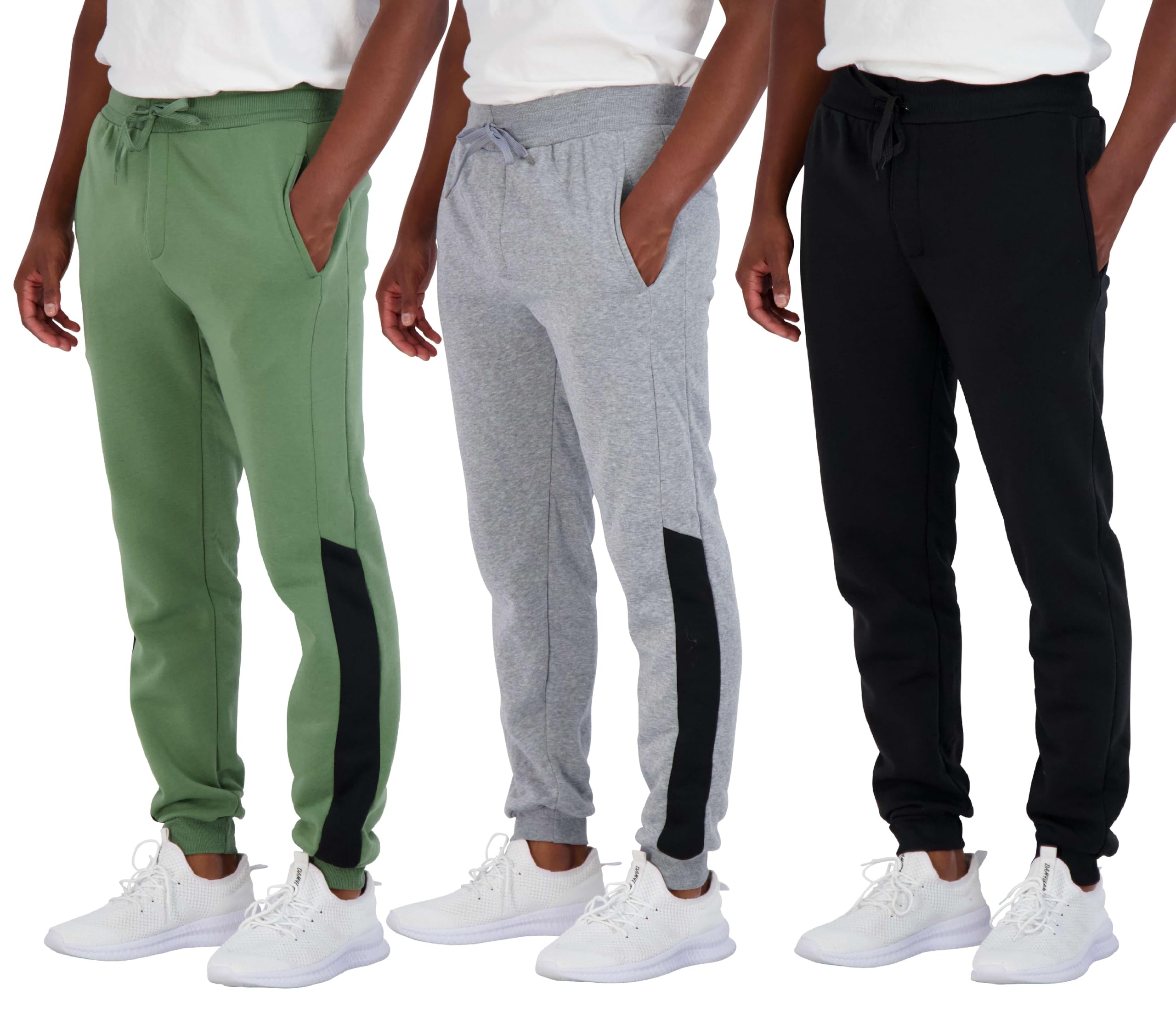 Real Essentials Mens Joggers Sweatpants Fleece Pants Sweat Clothing Pockets Baggy Elastic Cuffed Workout Bottom Athletic Soft Warm Winter Jogging Gym Active Track Work Tapered, Set 10, L, Pack of 3