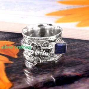 Honey Bee Fidget Spin Spinner Ring Blue Sapphire Ring Texture Band Silver Jewelry (7.5)