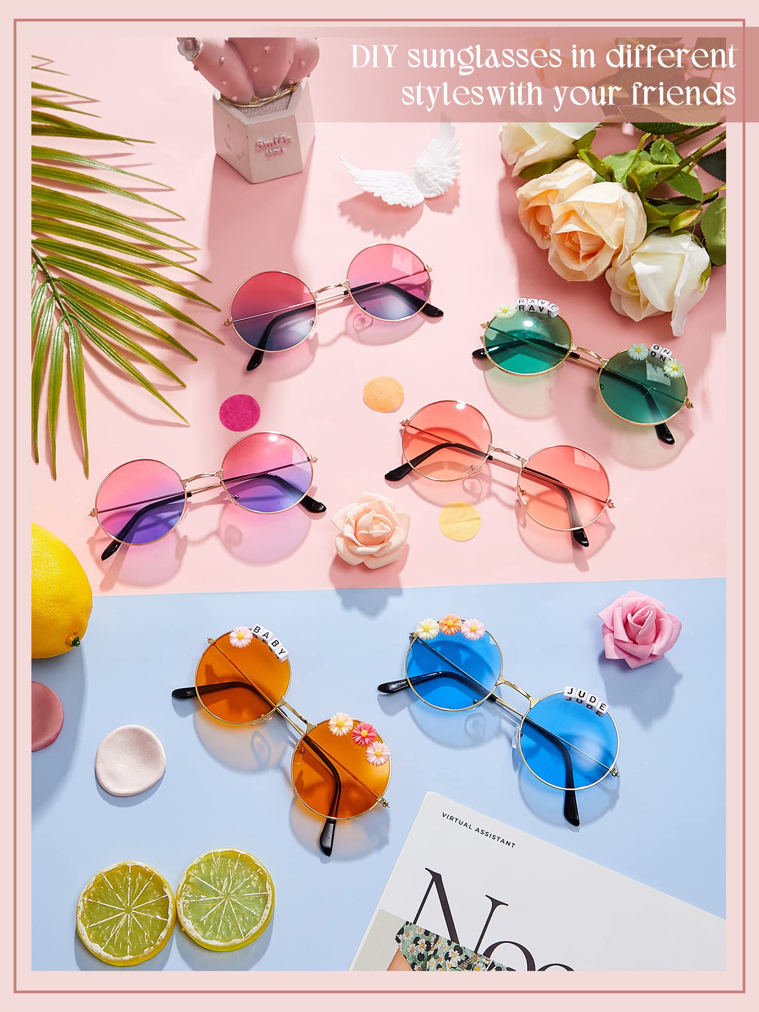 8 Pairs DIY Adult Round Sunglasses Hippie Circle Sunglasses with 200 Letter Beads 50 Daisy Beads and Glue for Women Men (Cute Color)