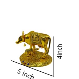 LCRAFT Brass Murti Kamdhenu Cow & Calf | Nandi Cow Decorative Showpiece | Cow with Calf Statue Idol for Diwali II Wedding II Pooja Room II Temple II Gifting | Gold and Silver (14 x 8 x 12.5 cm