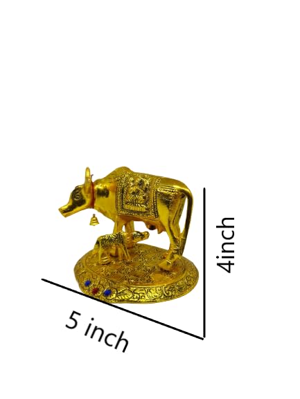 LCRAFT Brass Murti Kamdhenu Cow & Calf | Nandi Cow Decorative Showpiece | Cow with Calf Statue Idol for Diwali II Wedding II Pooja Room II Temple II Gifting | Gold and Silver (14 x 8 x 12.5 cm