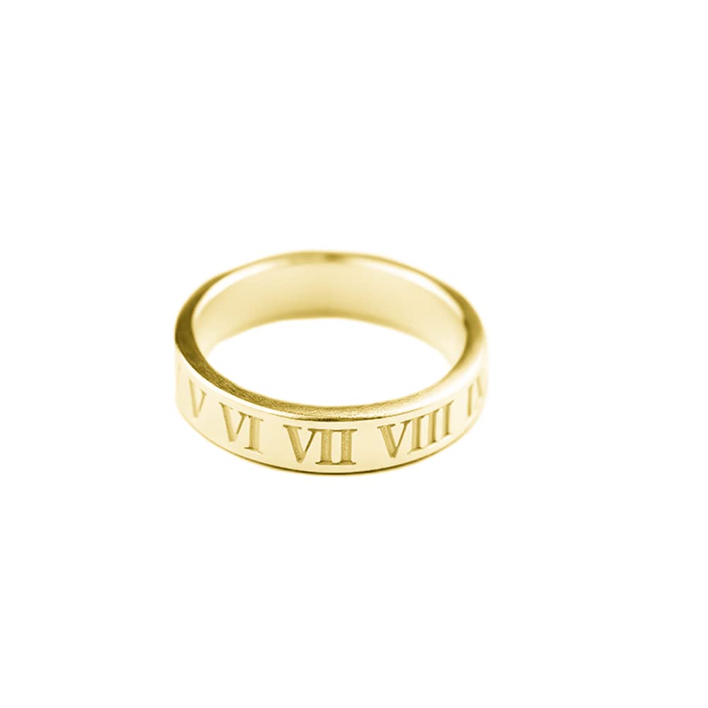 925 Sterling Silver Personalized Roman Numeral Band Ring for Women Custom Engraved Memorable Date Number (Gold)