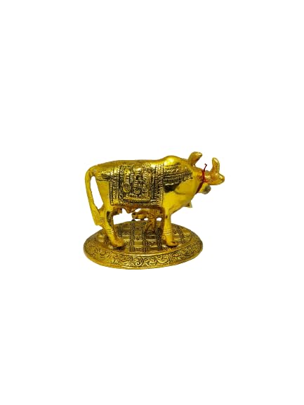 LCRAFT Brass Murti Kamdhenu Cow & Calf | Nandi Cow Decorative Showpiece | Cow with Calf Statue Idol for Diwali II Wedding II Pooja Room II Temple II Gifting | Gold and Silver (14 x 8 x 12.5 cm