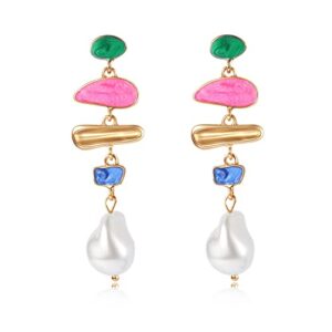 pearl dangle earring for women girl, irregular colorful oil baroque design, culture style aaaa cubic zirconia 14k gold pearl earring gift for women girl (pearl-glazed)