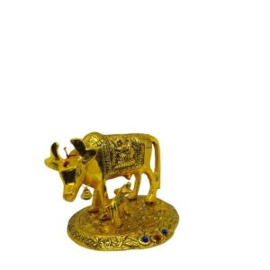 LCRAFT Brass Murti Kamdhenu Cow & Calf | Nandi Cow Decorative Showpiece | Cow with Calf Statue Idol for Diwali II Wedding II Pooja Room II Temple II Gifting | Gold and Silver (14 x 8 x 12.5 cm