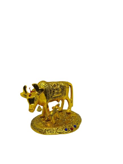 LCRAFT Brass Murti Kamdhenu Cow & Calf | Nandi Cow Decorative Showpiece | Cow with Calf Statue Idol for Diwali II Wedding II Pooja Room II Temple II Gifting | Gold and Silver (14 x 8 x 12.5 cm