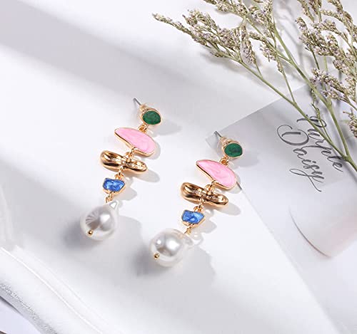 Pearl Dangle Earring for Women Girl, Irregular Colorful Oil Baroque Design, Culture Style AAAA Cubic Zirconia 14K Gold Pearl Earring Gift for Women Girl (Pearl-glazed)