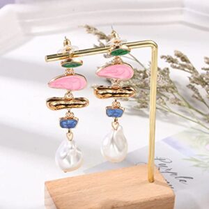 Pearl Dangle Earring for Women Girl, Irregular Colorful Oil Baroque Design, Culture Style AAAA Cubic Zirconia 14K Gold Pearl Earring Gift for Women Girl (Pearl-glazed)