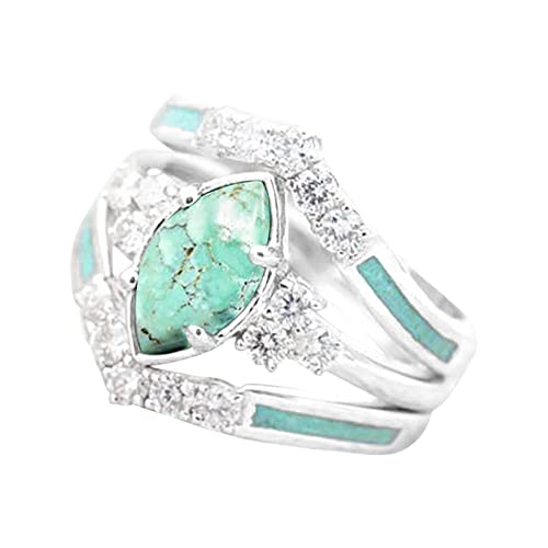 3pcs Sterling Silver Natural Gemstone Diamond Rings for Women, Fashion Vintage 3 Piece Set Ring Accessories Jewelry, Turquoise