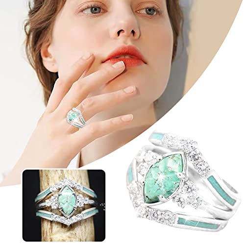 3pcs Sterling Silver Natural Gemstone Diamond Rings for Women, Fashion Vintage 3 Piece Set Ring Accessories Jewelry, Turquoise