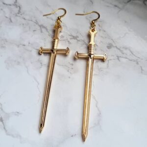 Gothic Vintage Silver Sword Cross Dangle Hook Earrings Retro Punk Knife Earrings Jewelry for Women(antique gold)