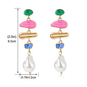 Pearl Dangle Earring for Women Girl, Irregular Colorful Oil Baroque Design, Culture Style AAAA Cubic Zirconia 14K Gold Pearl Earring Gift for Women Girl (Pearl-glazed)