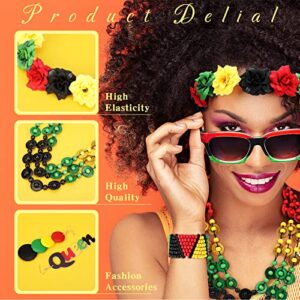 Jexine 7 Pieces Jamaica African Jewelry for Women, Rasta African Beads Earrings Afro Beaded Bracelet Queen Wooden Earrings Bohemian Coconut Shell Necklace Flower Crown Square Sunglasses for Women