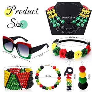 Jexine 7 Pieces Jamaica African Jewelry for Women, Rasta African Beads Earrings Afro Beaded Bracelet Queen Wooden Earrings Bohemian Coconut Shell Necklace Flower Crown Square Sunglasses for Women