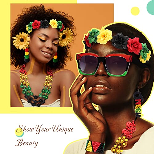 Jexine 7 Pieces Jamaica African Jewelry for Women, Rasta African Beads Earrings Afro Beaded Bracelet Queen Wooden Earrings Bohemian Coconut Shell Necklace Flower Crown Square Sunglasses for Women