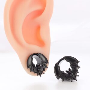 LADEMAYH 2 PCS Bat Design Ear Plugs Tunnels Gauges for Women - Black Stainless Steel 316L Body Piercing Basic Earrings for Stretched Earlobe 10mm=00g