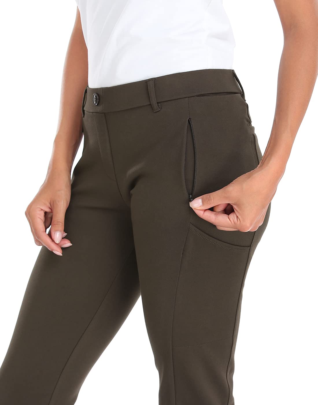 HDE Yoga Dress Pants for Women Straight Leg Pull On Pants with 8 Pockets Brown - M