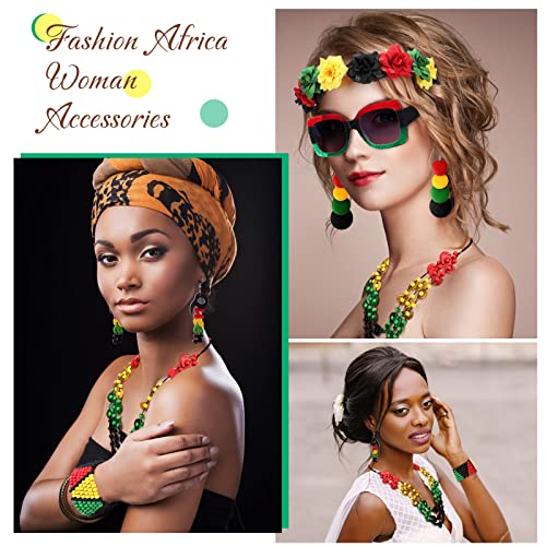 Jexine 7 Pieces Jamaica African Jewelry for Women, Rasta African Beads Earrings Afro Beaded Bracelet Queen Wooden Earrings Bohemian Coconut Shell Necklace Flower Crown Square Sunglasses for Women