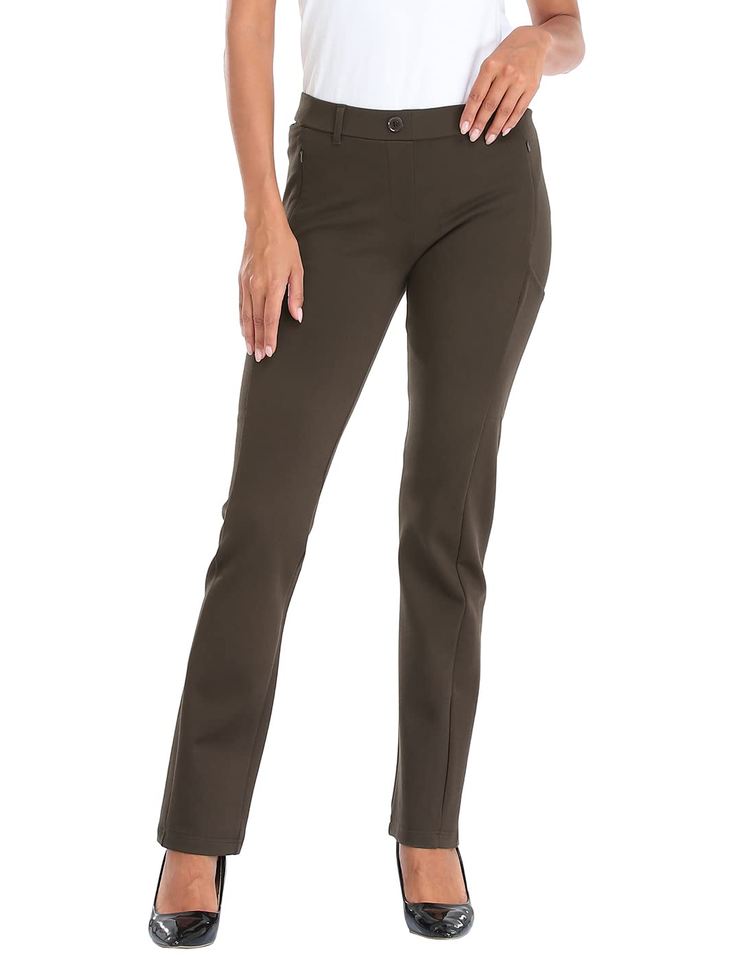 HDE Yoga Dress Pants for Women Straight Leg Pull On Pants with 8 Pockets Brown - M