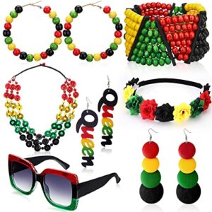 Jexine 7 Pieces Jamaica African Jewelry for Women, Rasta African Beads Earrings Afro Beaded Bracelet Queen Wooden Earrings Bohemian Coconut Shell Necklace Flower Crown Square Sunglasses for Women