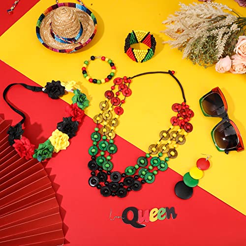 Jexine 7 Pieces Jamaica African Jewelry for Women, Rasta African Beads Earrings Afro Beaded Bracelet Queen Wooden Earrings Bohemian Coconut Shell Necklace Flower Crown Square Sunglasses for Women