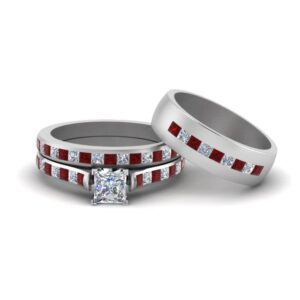 caratyogi channel set bridal ring for him and her sterling silver created ruby princess shape red color wedding ring sets channel setting in size 10 party wear daily wear ornament