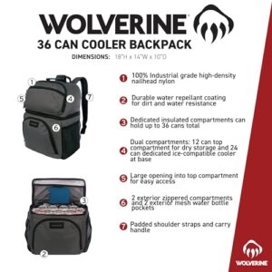 WOLVERINE 36 Can Cooler Backpack with Durable Nailhead Nylon, Dual Compartment Cooler & Dry Storage, Padded Mesh Back Panel, & Exterior Water Bottle Pockets