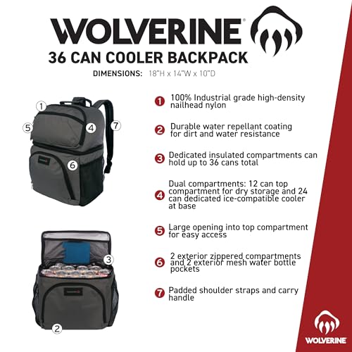 WOLVERINE 36 Can Cooler Backpack with Durable Nailhead Nylon, Dual Compartment Cooler & Dry Storage, Padded Mesh Back Panel, & Exterior Water Bottle Pockets