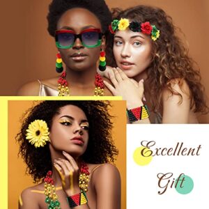 Jexine 7 Pieces Jamaica African Jewelry for Women, Rasta African Beads Earrings Afro Beaded Bracelet Queen Wooden Earrings Bohemian Coconut Shell Necklace Flower Crown Square Sunglasses for Women