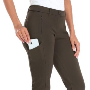 HDE Yoga Dress Pants for Women Straight Leg Pull On Pants with 8 Pockets Brown - M