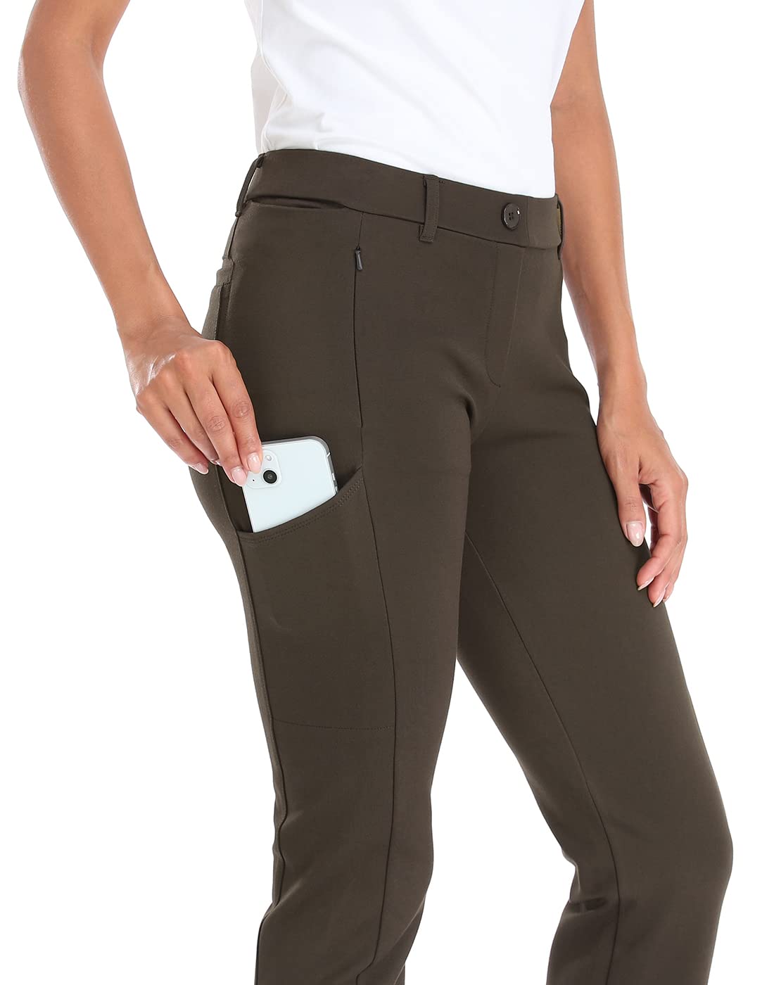 HDE Yoga Dress Pants for Women Straight Leg Pull On Pants with 8 Pockets Brown - M