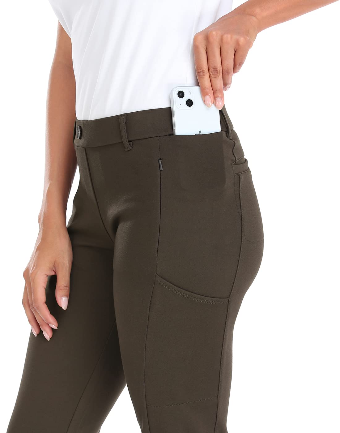 HDE Yoga Dress Pants for Women Straight Leg Pull On Pants with 8 Pockets Brown - M