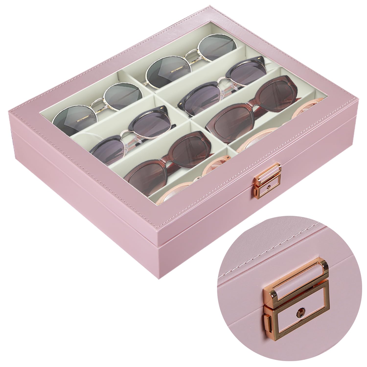 BLIENCE Sunglasses Organizer for Women, 8 Slot PU Leather Sunglasses Storage Case, Sweet Pink Eyeglasses Eyewear Display Case, Jewelry, Watch, Sunglasses Glasses Collector Box,Lockable and Clear Top