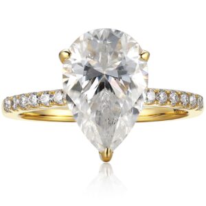 espere 14K Yellow Gold Paved Band 3 Carat Moissanite Pear-shaped Engagement Ring | 14K Solitaire Moissanite Gemstone Ring VVS (Size 6)