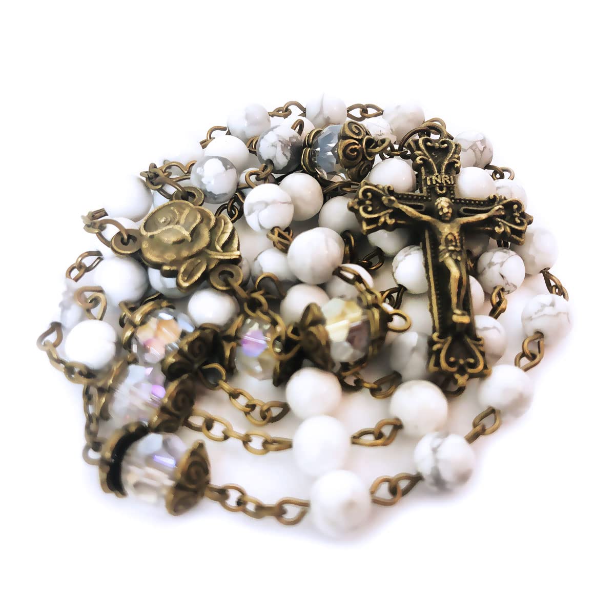 Our Lady of Lourdes White Howlite Stone Rosary Beads Catholic for Women and Rosary Bracelet for Women Set,Rosary & Miraculous Medal Bracelet,Catholic Rosary, Stone, Amethyst