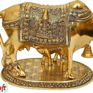 LCRAFT Brass Murti Kamdhenu Cow & Calf | Nandi Cow Decorative Showpiece | Cow with Calf Statue Idol for Diwali II Wedding II Pooja Room II Temple II Gifting | Gold and Silver (14 x 8 x 12.5 cm