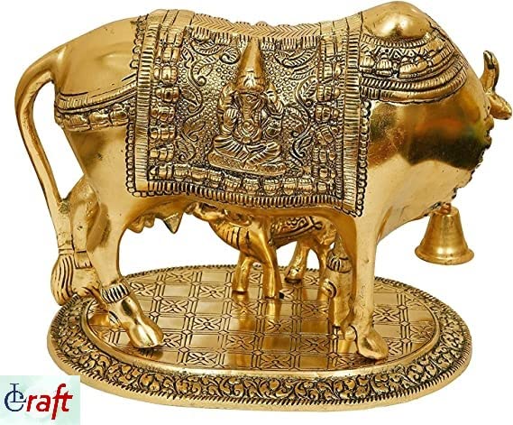 LCRAFT Brass Murti Kamdhenu Cow & Calf | Nandi Cow Decorative Showpiece | Cow with Calf Statue Idol for Diwali II Wedding II Pooja Room II Temple II Gifting | Gold and Silver (14 x 8 x 12.5 cm