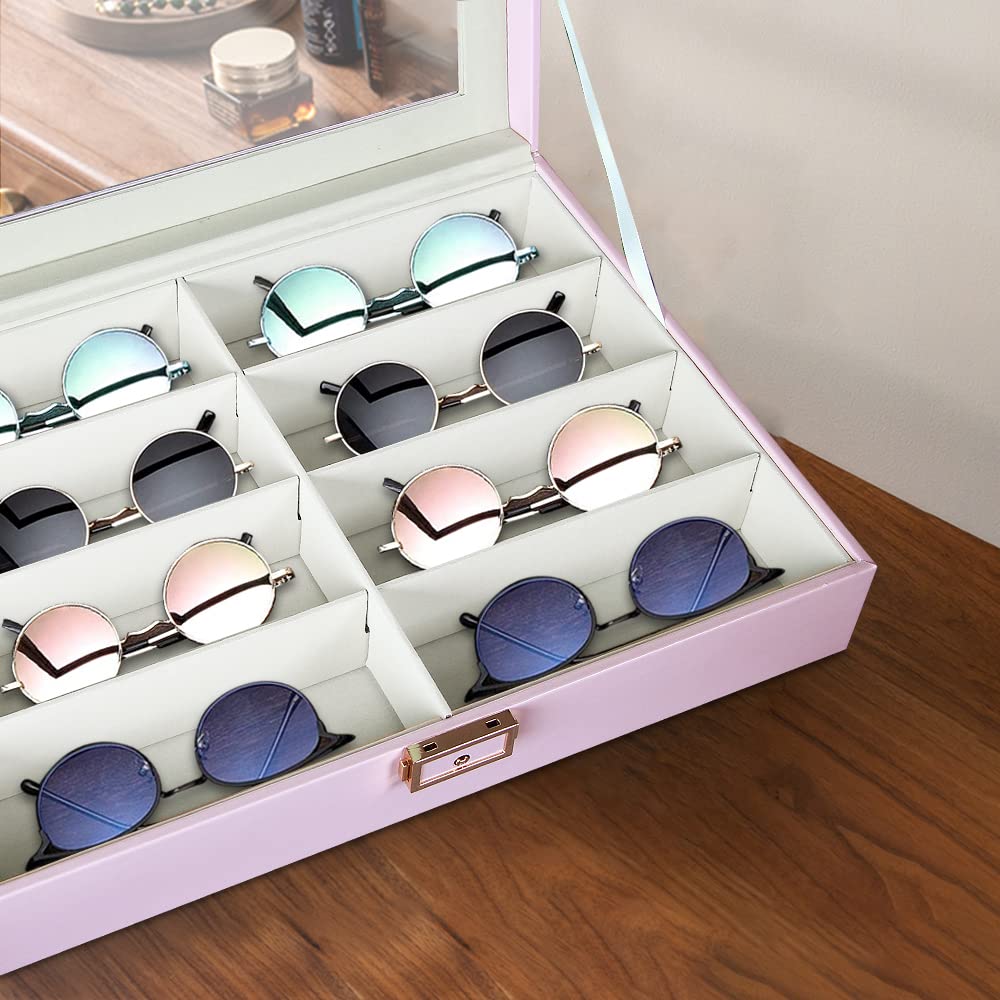 BLIENCE Sunglasses Organizer for Women, 8 Slot PU Leather Sunglasses Storage Case, Sweet Pink Eyeglasses Eyewear Display Case, Jewelry, Watch, Sunglasses Glasses Collector Box,Lockable and Clear Top