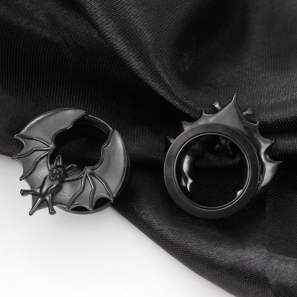 LADEMAYH 2 PCS Bat Design Ear Plugs Tunnels Gauges for Women - Black Stainless Steel 316L Body Piercing Basic Earrings for Stretched Earlobe 10mm=00g